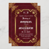 Burgundy Royal Medieval Gold Wedding 招待状 (正面/裏面)