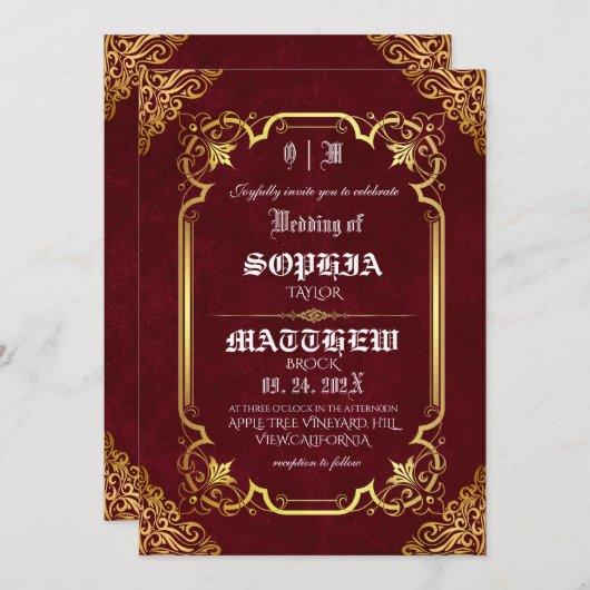 Burgundy Royal Medieval Gold Wedding 招待状 (正面/裏面)
