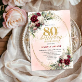 Burgundy Rustic Boho Floral 80th Birthday Invite 招待状