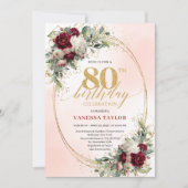 Burgundy Rustic Boho Floral 80th Birthday Invite 招待状 (正面)