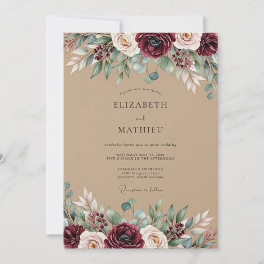 Burgundy Rustic Botanical Wedding 招待状 (正面)
