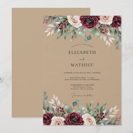 Burgundy Rustic Botanical Wedding 招待状 (正面/裏面)