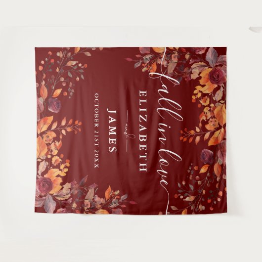 Burgundy Rustic Fall Floral Photo Booth Backdrop タペストリー (正面(横))