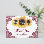 Burgundy Rustic Floral Lace Sunflower Wedding サンキューカード (スタンド正面)