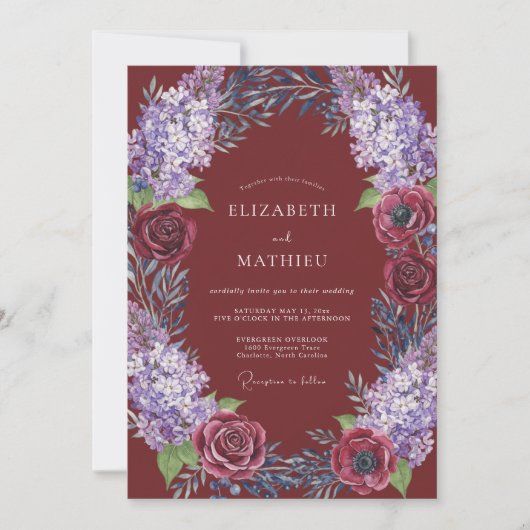 Burgundy Rustic Floral Wedding 招待状 (正面)