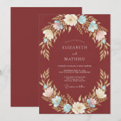 Burgundy Rustic Floral Wreath Wedding 招待状 (正面/裏面)