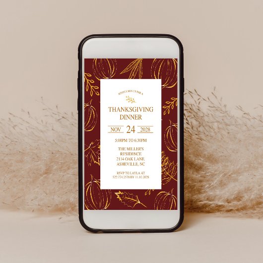 Burgundy Rustic Gold Pattern Thanksgiving Dinner 招待状