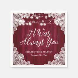 Burgundy Rustic Wood Floral Lace Wedding スタンダードカクテルナプキン