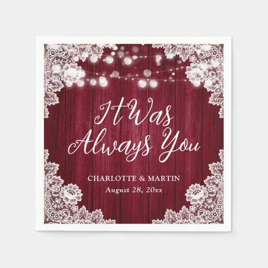 Burgundy Rustic Wood Floral Lace Wedding スタンダードカクテルナプキン (正面)