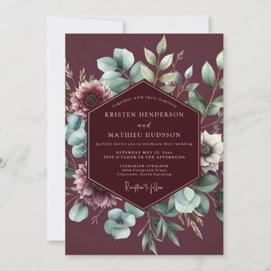 Burgundy Sage Anemone Wedding 招待状 (正面)