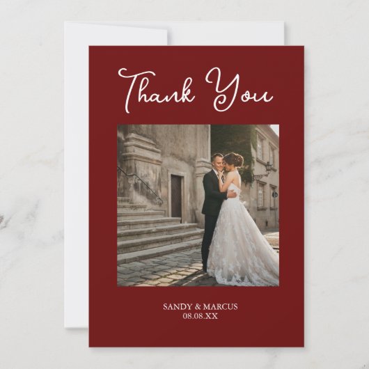 Burgundy Script結婚の写真サンキューカード 招待状 (正面)