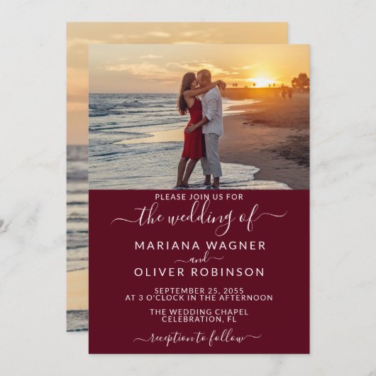 Burgundy Script エレガント Photo結婚's 招待状 (正面/裏面)