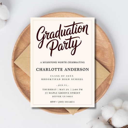 Burgundy Script Graduation Party Invitation 案内状