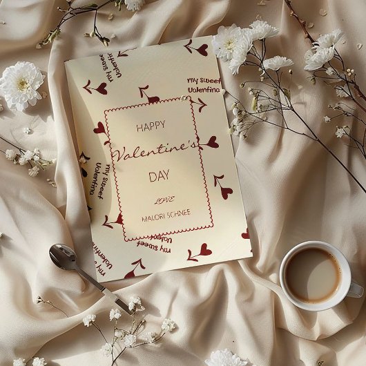 Burgundy Script Hearts on Cream– Valentine Pattern シーズンカード