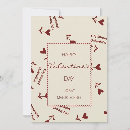 Burgundy Script Hearts on Cream– Valentine Pattern シーズンカード (正面)