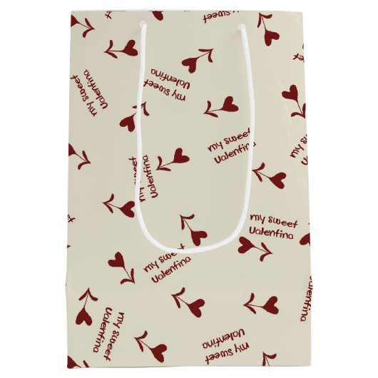 Burgundy Script Hearts on Cream– Valentine Pattern ミディアムペーパーバッグ (裏面)