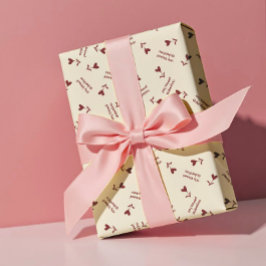 Burgundy Script Hearts on Cream– Valentine Pattern ラッピングペーパー