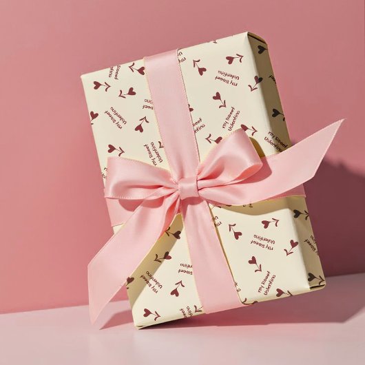 Burgundy Script Hearts on Cream– Valentine Pattern ラッピングペーパー