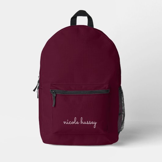 Burgundy Script  | Stylish Monogram Modern プリントバックパック (正面)