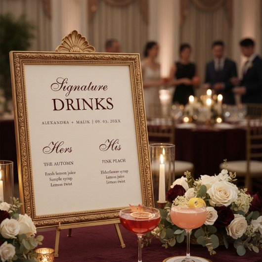 Burgundy Signature Drink wedding sign ポスター