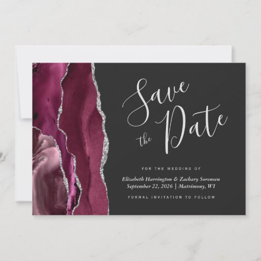 Burgundy Silver Agate Dark Save the Date 招待状 (正面)
