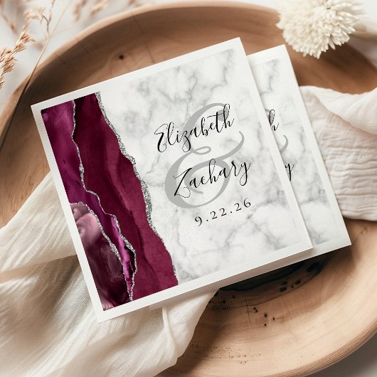 Burgundy Silver Agate Marble Wedding Napkins スタンダードカクテルナプキン
