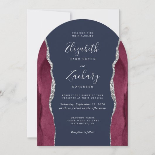 Burgundy Silver Agate Navy Blue Arch Shape Wedding 招待状 (正面)