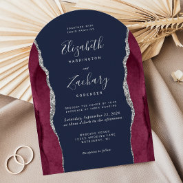 Burgundy Silver Agate Navy Blue Arch Shape Wedding 招待状