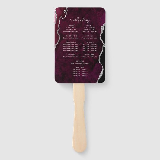 Burgundy Silver Agate Script Wedding Program ハンドファン (裏面)
