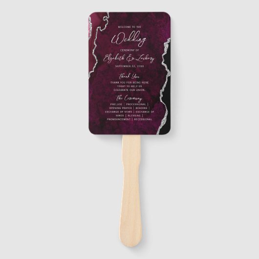 Burgundy Silver Agate Script Wedding Program ハンドファン (正面)