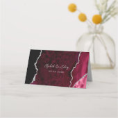 Burgundy Silver Agate Script Wedding Table プレイスカード (裏面)