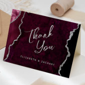 Burgundy Silver Agate Script Wedding Thank You カード