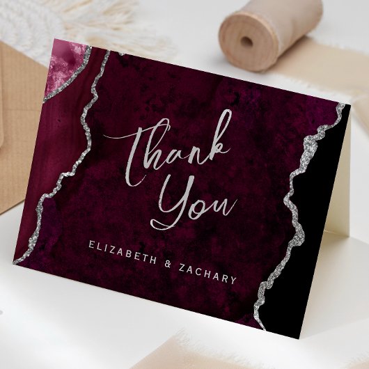 Burgundy Silver Agate Script Wedding Thank You カード