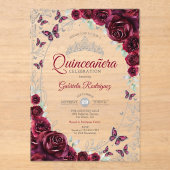 Burgundy Silver Floral Quinceanera アクリル招待状 (正面)