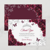 Burgundy Silver Floral Quinceanera サンキューカード (正面/裏面)
