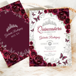 Burgundy Silver Floral Quinceanera 招待状