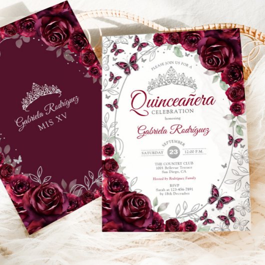 Burgundy Silver Floral Quinceanera 招待状