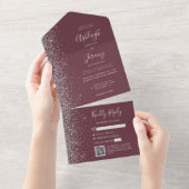 Burgundy Silver Glitter QR Code Wedding オールインワン招待状 (貼ってはがせる)