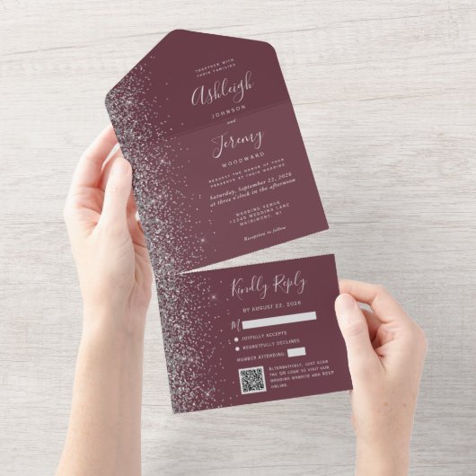 Burgundy Silver Glitter QR Code Wedding オールインワン招待状 (貼ってはがせる)