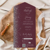 Burgundy Silver Glitter QR Code Wedding オールインワン招待状