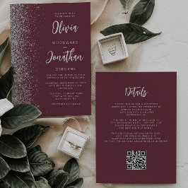 Burgundy Silver Glitter Script QR Code Wedding 招待状