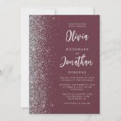 Burgundy Silver Glitter Script QR Code Wedding 招待状 (正面)