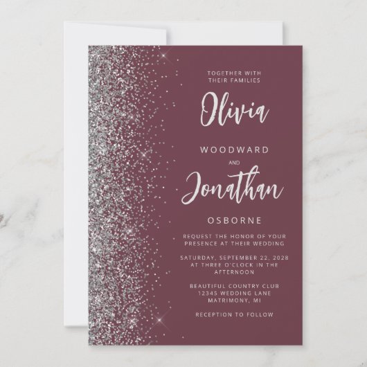 Burgundy Silver Glitter Script QR Code Wedding 招待状 (正面)