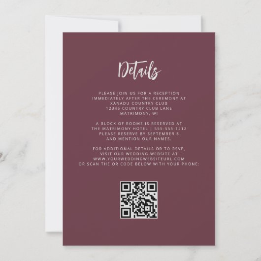 Burgundy Silver Glitter Script QR Code Wedding 招待状 (裏面)