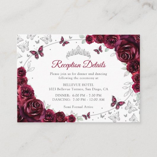 Burgundy Silver Quinceanera Reception Details エンクロージャーカード (正面)