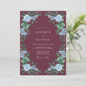 Burgundy Sky Blue Botanical Romance Wedding 招待状 (スタンド正面)