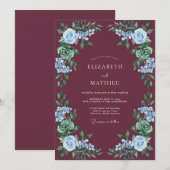 Burgundy Sky Blue Botanical Romance Wedding 招待状 (正面/裏面)