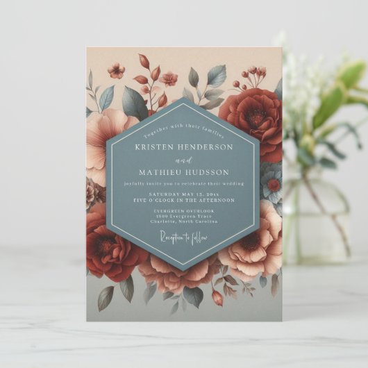 Burgundy Slate Autumn Bloom Wedding 招待状 (スタンド正面)