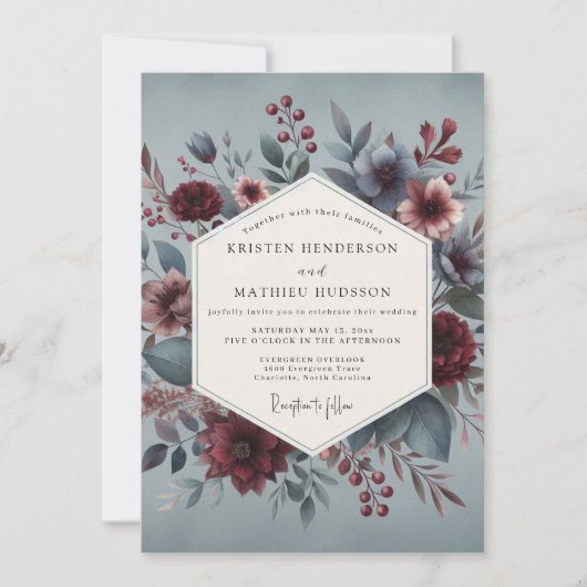 Burgundy Slate Moody Bloom Wedding 招待状 (正面)