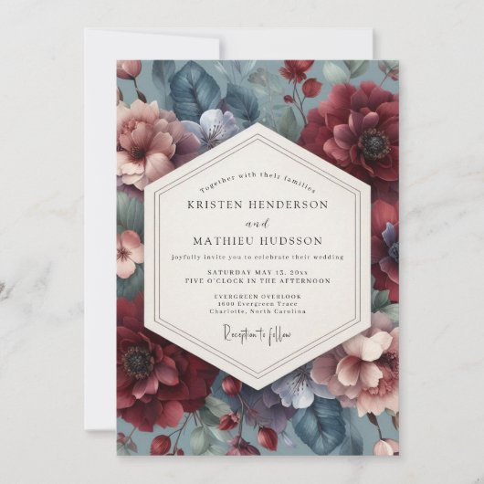 Burgundy Slate Moody Flora Wedding 招待状 (正面)